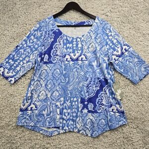 Habitat Womens Blue Geometric Tunic Top Size Large Asymmetrical Hem Casual‎